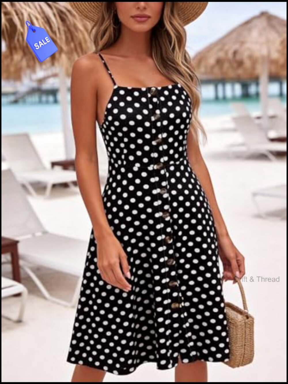 Women's Casual Cotton Spaghetti Strap Midi Sundress with Buttons - Picture 3 of 7